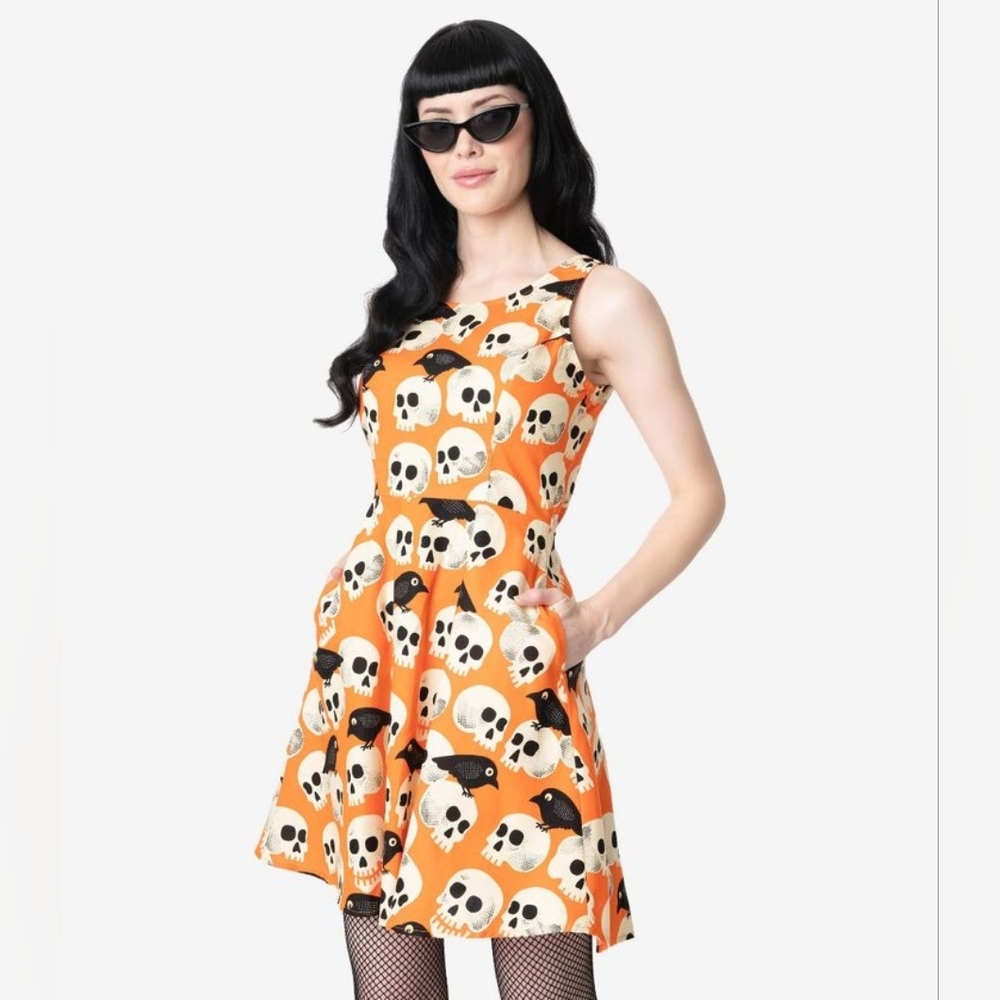 Retrolicious Skull Print Skater Dress Size L - Picture 2 of 12